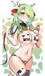 1girls bikini bikini_bottom bikini_top blush blush_lines ceres_fauna cow_bikini cow_ears cow_tag cowbell cowprint earrings eyepatch_bikini flowers_in_hair green_hair hololive hololive_english hololive_english_-council- hololive_english_-promise- horns leash leash_and_collar looking_at_viewer milk_bottle multicolored_hair pov single_braid square_bikini thighhighs virtual_youtuber yellow_eyes