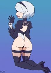 1girls ass blindfold drupeneassot leotard nier:_automata solo solo_female white_hair yorha_2b