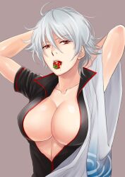 arms_up big_breasts canon_genderswap cleavage female female_only food genderswap_(mtf) ginko_sakata gintama gintoki_sakata hadanugi_dousa japanese_clothes kimono looking_at_viewer messy_hair no_bra object_in_mouth off_shoulder open_shirt popped_collar red_eyes revealing_clothes rule_63 short_hair silver_hair solo strawberry tsuki_sora upper_body