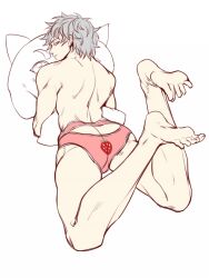 ass_cleavage back_muscles barefoot butt_crack feet_up full_body gintama gintoki_sakata grey_hair hangleing looking_at_viewer looking_back male male_only messy_hair on_stomach pale-skinned_male pale_skin rear_view soles solo strawberry_print topless topless_male underwear underwear_only