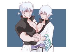 1boy 1girls big_breasts breast_press breast_squish breasts canon_genderswap cleavage dual_persona female fully_clothed genderswap_(mtf) ginko_sakata gintama gintoki_sakata hadanugi_dousa hand_holding holding_hands japanese_clothes kimono looking_at_viewer male no_bra not_responding off_shoulder open_shirt pale-skinned_female pale-skinned_male pale_skin red_eyes rule_63 short_hair silver_hair smile very_short_hair white_hair wink