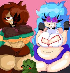 2girls belly_button birthday blue_clothing blue_hair blush boob_window breasts brown_hair cdk_(cdk) chara ex!chara ex!tale female fingerless_gloves fishnets friday_night_funkin gh0zty gloves green_clothing heart heart-shaped_pupils hoodie large_breasts lustful_gaze red_eyes shiny_skin short_skirt shorts skirt sky_(friday_night_funkin) skyblue smirk thick_thighs thigh_squish thighhighs undertale undertale_(series)