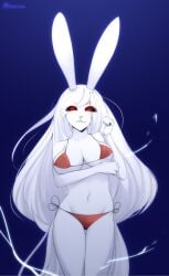 2021 anthro arm_under_breasts ass_visible_through_thighs bikini black_sclera blue_background breasts carrot_(one_piece) digital_media_(artwork) eyebrows eyebrows_visible_through_hair eyelashes eyelashes_visible_through_hair eyes_visible_through_hair female female_only fist furry furry_female furry_only hair lagomorph lagomorph_humanoid large_breasts long_hair looking_at_viewer mammal mammal_humanoid mycrys navel one_piece pink_nose rabbit rabbit_humanoid red_bikini red_bikini_bottom red_bikini_top red_eyes sideboob smile smiling_at_viewer solo solo_female standing sulong sulong_carrot swimsuit tagme underboob white_body white_hair