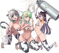 3girls big_breasts bikini ceres_fauna cow_bikini cow_horns cow_print cow_tail cowbell eyepatch_bikini fake_animal_ears female hololive hololive_english hololive_english_-council- hololive_english_-promise- hololive_fantasy hololive_japan hololive_myth multiple_girls ninomae_ina'nis shirogane_noel small_breasts virtual_youtuber zedgawr