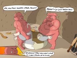 2022 anthro belly big_belly blin_(tloz) cave comic detailed_background dialogue english_text grey_body group group_sex humanoid_hands inside male mammal moblin monster moobs mouse murid murine nintendo nipples obese obese_male overweight overweight_male rodent sex shield_moblin shori_d skyward_sword suina text the_legend_of_zelda threesome video_games