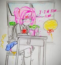 1girls alphahyoudou bladder_gauge doki_doki_literature_club female female_only natsuki_(doki_doki_literature_club) omorashi peeing pink_panties reading_book school_uniform sitting sitting_in_chair skirt solo tagme urine