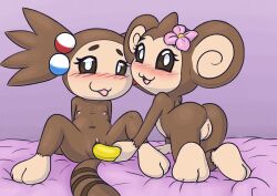 2girls anthro banana blush brown_eyes brown_hair flat_chest flower_in_hair food_insertion gatomonlover hair_ornament looking_at_viewer meemee monkey monkey_girl multiple_girls open_mouth super_monkey_ball tongue_out yanyan