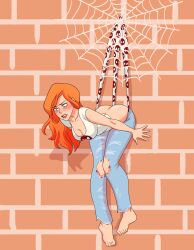 blush cleavage embarrassed embarrassing_panties hanging_wedgie humiliation jeans marvel marvel_comics mary_jane_watson red_hair ripped_jeans spider-man_(series) webbed webbing wedgie white_panties