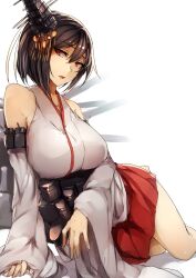 1girls arm_support bare_shoulders black_hair breasts detached_sleeves female genyaky headgear highres kantai_collection large_breasts looking_at_viewer machinery nontraditional_miko red_eyes short_hair sitting skirt solo white_background yamashiro_(kantai_collection) yokozuwari