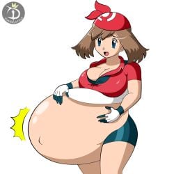 1girls belly_button big_belly big_breasts blue_eyes brown_hair cleavage darkatio female_only hyper_belly may_(pokemon) open_mouth pokemon pokemon_rse post_vore pregnant stomach_bulge tight_clothing vore white_background