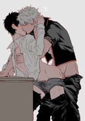 2boys anal anal_sex arched_back black_hair blush bulge clothed_sex cum cum_through_clothes expressionless from_behind functionally_nude gay gintama gintoki_sakata hand_on_another's_head hand_on_chest hijikata_toshiro hsixxx implied_anal kissing male male_only male_pubic_hair open_clothes open_shirt pants_down pubic_hair pubic_hair_peek standing_sex sweat underwear underwear_down white_hair yaoi