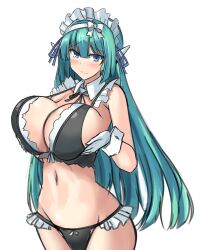 1girls belly_button big_breasts black_bikini blue_eyes blush breasts female gloves green_hair hair_ribbon holding_breasts holding_breasts_up hourglass_figure huge_breasts long_hair looking_at_viewer maid_bikini maid_collar maid_gloves maid_headdress simple_background squeezing_breasts_together tagme white_background x1_noship y-0