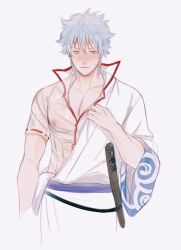 blush embarrassed fully_clothed gintama gintoki_sakata hadanugi_dousa japanese_clothes kimono looking_down male male_only messy_hair nipples_visible_through_clothing not_responding off_shoulder pale-skinned_male pale_skin see-through see-through_clothing silver_hair solo sweatdrop