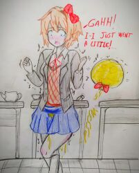 alphahyoudou bladder_gauge doki_doki_literature_club holding_it_in omorashi pee_stain peeing peeing_self sayori_(doki_doki_literature_club) school_uniform skirt stained_clothes watersports wetting