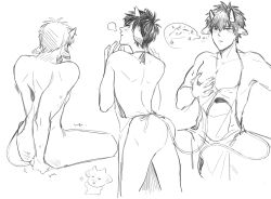 apron blush cow_boy cow_ears cow_horns cow_tail embarrassed gintama hand_drawn hijikata_toshiro looking_back male male_only monochrome mostly_nude naked_apron nude pec_grasp sketch sketch_page solo uniommmm