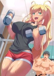 1boy 1girls big_breasts blonde_hair blush breasts character_in_background dumbbell_nan_kilo_moteru? flexing green_eyes gym machio_naruzo muscular_male open_mouth sakura_hibiki_(dumbbell_nan_kilo_moteru?) solo sweat thick_thighs torahime twintails