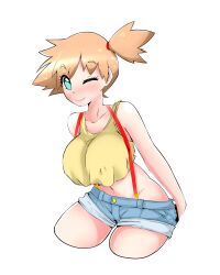 armpits asymmetrical_hair blonde_female blush breasts creatures_(company) curfewart denim denim_shorts female game_freak gen_1_pokemon green_eyes highres huge_breasts kasumi_(pokemon) large_breasts lips midriff navel nintendo no_bra one_eye_closed orange_hair pokemon pokemon_(anime) pokemon_(classic_anime) ponytail pose shirt short_hair short_shorts shorts side_ponytail smile solo suspender_shorts suspenders tank_top thighs tied_hair underboob wink yellow_shirt