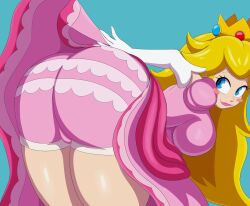 1girls :3 ass back_view big_ass big_butt blonde_female bloomers bloomers_(victorian) breasts bubble_ass bubble_butt dress female flashing mario_(series) mechspazer presenting presenting_hindquarters princess_peach seductive smile solo thick_ass thick_thighs underwear upskirt wide_hips