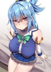 1girls aqua_(konosuba) bangs big_breasts blue_eyes blue_hair blush bow breasts clothed clothing female hair_ornament huge_breasts jack_dempa kono_subarashii_sekai_ni_shukufuku_wo! large_breasts long_hair looking_at_viewer on_bed sheets sitting sitting_on_bed skirt solo solo_female sweat sweatdrop sweating thighs