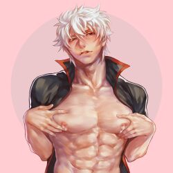 abs bare_chest biting_lip gintama gintoki_sakata hangleing lactation looking_at_viewer male male_lactation male_only messy_hair muscular muscular_male open_shirt painting_(artwork) pec_grasp pecs pink_background popped_collar red_eyes solo upper_body white_hair