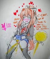 alphahyoudou bladder_gauge blush blushing doki_doki_literature_club lifting_skirt monika_(doki_doki_literature_club) omorashi peeing peeing_on_floor sighing speech_bubble tagme talking urine