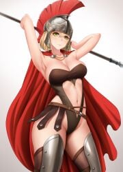 1girls armor armpits blonde_female blonde_hair breasts cape chains cleavage closed_mouth clothing_cutout commentary cowboy_shot female gradient gradient_background green_eyes grey_background hair_between_eyes heart_cutout helmet highres holding holding_spear holding_weapon large_breasts leotard navel navel_cutout obaoba_(monkeyix) original polearm red_cape short_hair solo_female spear standing thighhighs weapon