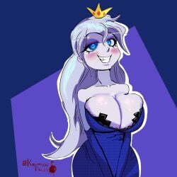 adventure_time bandaids_on_nipples bra cleavage dress evil_grin evil_smile huge_breasts ice_queen ice_queen_(adventure_time) krimsonfruit looking_at_viewer off_shoulder overflowing_breasts pale-skinned_female pale_skin