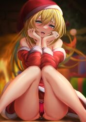 :d absurdres bangs bare_legs blonde_hair blurry blurry_background blush christmas christmas_tree dark_magician_girl dress drooling female floating_hair fur-trimmed_dress fur-trimmed_headwear fur_trim green_eyes hair_between_eyes hat head_tilt heart heart-shaped_pupils highres long_hair looking_at_viewer off-shoulder_dress off_shoulder open_mouth othellonia_teru panties pussy_juice red_dress red_headwear red_panties santa_costume santa_hat shiny shiny_skin short_dress sitting smile solo symbol-shaped_pupils underwear very_long_hair yu-gi-oh!