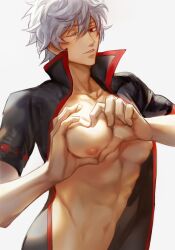 abs bare_chest gintama gintoki_sakata hangleing heart-shaped_boob_challenge heart_hands looking_at_viewer male male_only messy_hair open_shirt pec_squish pecs popped_collar red_eyes silver_hair solo white_hair wink