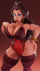 3d big_breasts blue_eyes bracelet breasts brown_hair corset earrings eyelashes female female_only hand_on_hip large_ass light-skinned_female light_skin lingerie lipstick long_hair looking_at_viewer mario_(series) nintendo pauline sala3d stockings thick_thighs wide_hips