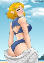 1girls ass big_ass big_breasts big_butt bikini bikini_bottom bikini_top blonde_hair breasts breath_of_the_wild female female_only flytrapxx hylian looking_back nintendo pointy_ears princess_zelda sideboob smile swimsuit tears_of_the_kingdom the_legend_of_zelda undressing zelda_(tears_of_the_kingdom)