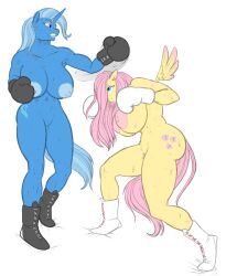 2022 2girls anthro anthrofied athletic athletic_anthro athletic_female big_breasts big_nipples black_boxing_gloves black_gloves blue_body blue_eyes blue_hair blue_nipples bodily_fluids boots boxing boxing_gloves breasts clothing cutie_mark digital_media_(artwork) duo equid equine female fight fluttershy_(mlp) footwear friendship_is_magic genitals gloves hair handwear hasbro hellbridge horn huge_breasts long_hair mammal muscular muscular_anthro muscular_female my_little_pony nipples nude pegasus pink_eyes pink_hair pink_nipples pussy simple_background sport straight_hair sweat thick_thighs trixie_(mlp) unicorn white_background white_boxing_gloves white_gloves wings yellow_body