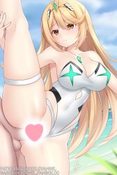 bangs bare_legs beach blonde_female blonde_hair blush breasts censored chest_jewel competition_swimsuit gabriel_evangel hair_ornament highres large_breasts long_hair looking_at_another mythra mythra_(xenoblade) one-piece_swimsuit sex sex_from_behind split spread_legs standing standing_on_one_leg standing_split swept_bangs swimsuit thigh_strap tiara xenoblade_chronicles_(series) xenoblade_chronicles_2 yellow_eyes