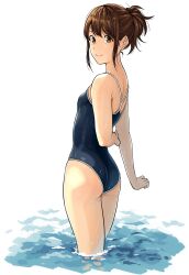 alternate_version_available brown_eyes brown_hair butt_crack female female_only gintama kobaji looking_at_viewer looking_back one-piece_swimsuit partially_submerged ponytail school_swimsuit shimura_tae skin_tight small_breasts smile solo swimsuit tight_clothing wading water wet wet_skin