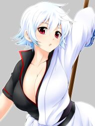 big_breasts blush canon_genderswap cleavage female female_only fully_clothed genderswap_(mtf) ginko_sakata gintama gintoki_sakata hadanugi_dousa japanese_clothes kimono looking_at_viewer off_shoulder open_mouth open_shirt popped_collar red_eyes rule_63 short_hair silver_hair solo watarui white_hair