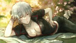 arm_support barefoot black_clothing canon_genderswap cleavage expressionless feet_up female female_only fully_clothed genderswap_(mtf) ginko_sakata gintama gintoki_sakata hand_on_hip looking_at_viewer medium_breasts mikami_takeru no_bra on_side open_shirt pale-skinned_female pale_skin popped_collar reclining red_eyes rule_63 short_hair short_sleeves silver_hair solo tomboy very_short_hair white_hair