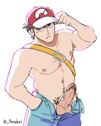 bara boner erect_penis erection hard_on male male_only muscles muscular muscular_male penis penis_out pokemon pokemon_sm red_(pokemon) simple_background toraboi unzipped_pants white_background