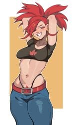 1girls arms_behind_head arms_up belly belly_button belly_piercing belt blush blushing breasts earring earrings female female_only flannery_(pokemon) gym_leader jeans medium_breasts messy_hair midriff navel nintendo pants piercing pokemon pokemon_oras pokemon_rse porqueloin pose posing pubic_hair pubic_hair_peek red_eyes red_hair red_pubic_hair sensual small_breasts smile smiling string_panties thick thick_thighs thighs thong thong_above_pants thong_straps tied_hair tight_clothing treasure_trail tummy