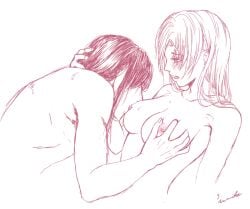 1boy 1girls blush breast_grab breast_sucking female gintama hand_on_another's_head ikumatsu_nishiki katsura_kotarou long_hair long_hair_male looking_at_another male medium_breasts monochrome nude sketch sodenosumi_(some_sumiko) upper_body