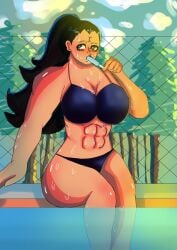 big_breasts big_butt bikini black_hair genderswap_(mtf) ice_cream lu_bu lubu_housen record_of_ragnarok rule_63 shuumatsu_no_valkyrie solo solo_female solo_focus thick_ass thick_thighs