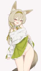 1girls animal_ears arknights ass_visible_through_thighs beanstalk_(arknights) beanstalk_(gift_uncompleted)_(arknights) bell_collar blonde_female clothed collar exposed_pussy female female_only hairband half-closed_eyes highres hips legs light-skinned_female long_hair looking_at_viewer no_panties open_mouth open_smile pink_eyes pussy skirt skirt_lift smile smug solo standing sweater vagina white_background 木槌