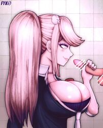 alternate_version_available barely_contained breasts cleavage danganronpa danganronpa:_trigger_happy_havoc danganronpa_1 fyk0 holding_penis junko_enoshima large_breasts penis skimpy_clothes smooth_skin unseen_male_face