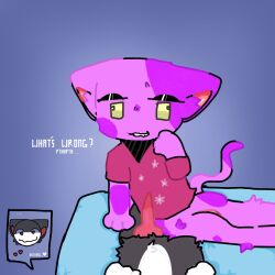 animal_crossing anthro bed bob_(animal_crossing) ceistar clothed clothing domestic_cat duo felid feline felis fur furniture genitals grey_body grey_fur hi_res lying lying_on_bed male male/male mammal mattress nintendo on_bed partially_clothed punchy_(animal_crossing) purple_body purple_fur shirt t-shirt topwear video_games