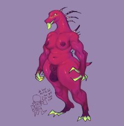 1futa 4_eyes acrid anthro areolae artist_request background_character balls big_breasts breasts claws crocodilian flaccid fully_sheathed futa_only futanari glowing glowing_eyes multi_eye muscular_arms muscular_female nipples nude purple_body red_skin risk_of_rain rule_63 sheath source_request spines standing thick_thighs tongue tongue_out voluptuous wide_hips