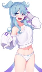 1girls belly_button blue_hair dragon_girl elira_pendora fangs hair_wings heterochromia midriff mole mole_under_armpits navel nijisanji nijisanji_en no_pants open_mouth panties ribbon_on_panties solo solo_focus sweater virtual_youtuber white_panties yoako