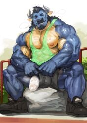 anthro big_muscles bodily_fluids bovid bovine bulge horn male male_focus male_only mammal muscular muscular_anthro muscular_male nipples penis_through_underwear solo sweat traver009 vein veiny_muscles