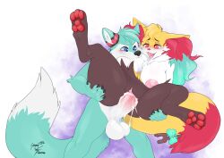 2022 3_toes anthro anthro_on_anthro areola balls big_breasts black_body black_fur blue_body blue_eyes blue_fur blush bodily_fluids braixen breast_play breast_sucking breastfeeding breastfeeding_during_sex breasts canid canine digital_media_(artwork) dipstick_tail duo eyebrows fan_character feet female female_penetrated fox from_behind_position fur fur_markings genitals hi_res inner_ear_fluff lactating lactation leg_grab lofiflavors male male/female male_penetrating male_penetrating_female mammal markings milk nintendo nipples nude open_mouth pawpads penetration penis pink_nipples pokémon_(species) pokemon pokemon_(species) red_eyes red_nose ribbons roflfox seraphine_(roflfox) sex stand_and_carry_position standing standing_sex stick sucking tail_markings toes tongue tuft vaginal_penetration video_games white_body white_fur yellow_body yellow_fur yogoat