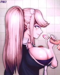 alternate_version_available barely_contained breasts bursting_breasts cleavage danganronpa danganronpa:_trigger_happy_havoc danganronpa_1 enormous_breasts fyk0 handjob huge_breasts junko_enoshima large_breasts massive_breasts penis skimpy_clothes smooth_skin unseen_male_face voluptuous