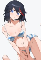 1girls arched_back belly belly_button big_breasts black_hair blue_eyes blush blushing breasts busty curves curvy dark_hair female female_only kill_la_kill light_blush matoi_ryuuko red_hair_stripe shimapan short_hair solo striped_swimsuit swimsuit swimwear thick tlex022 tomboy tummy white_background