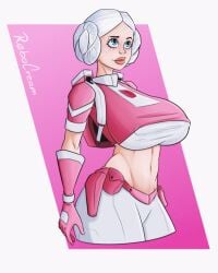 1girls arcee arcee_(g1) artist_name big_breasts blue_eyes busty curvy curvy_figure female female_only gloves hasbro huge_breasts human humanized large_breasts navel pink robocream solo transformers white_hair